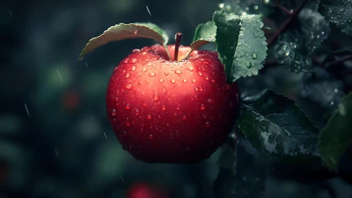 Red apple hangs on tree branch under light rain