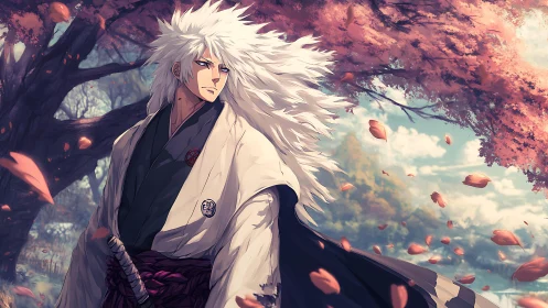 White haired swordsman wandering beneath soft sakura skies.