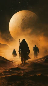 Desert nomads cross burning dunes beneath colossal moon.