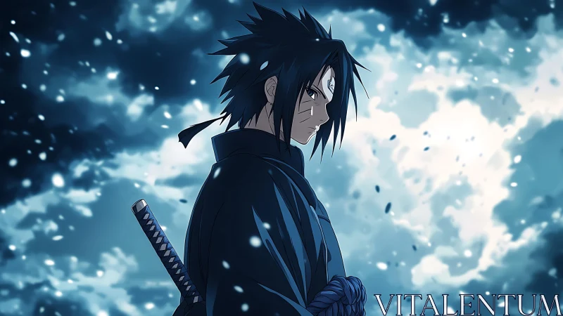 Stormbound swordsman broods beneath swirling midnight sky.