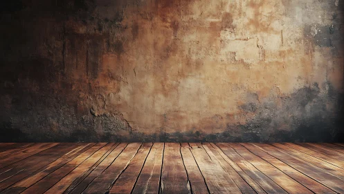 Sunlit rustic room with worn wall and warm wood floor.