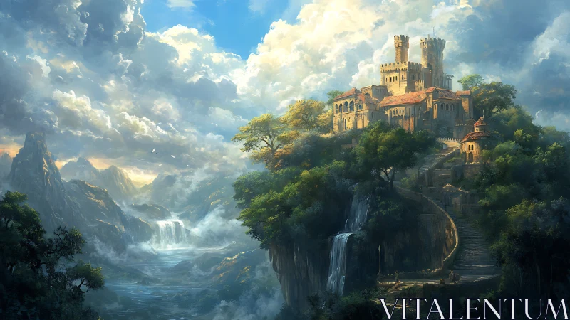 Sky-brushed cliffside citadel above whispering waterfalls.