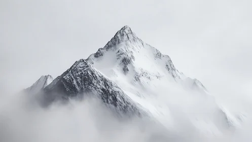 Minimalist photorealistic alpine peak in soft atmospheric haze.