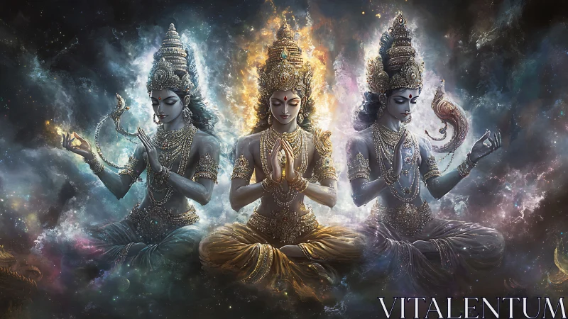 Celestial trinity in meditative cosmic starlight harmony.