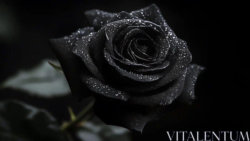 Close-up view of a black rose with water droplets present.
