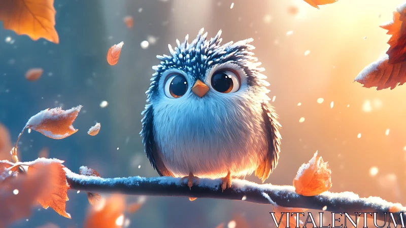 Adorable fluffy owl on snowy autumn branch, whimsical digital art.