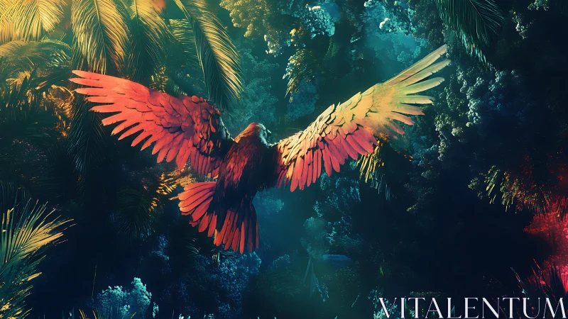 Radiant parrot soars through a glowing dreamlike jungle sky