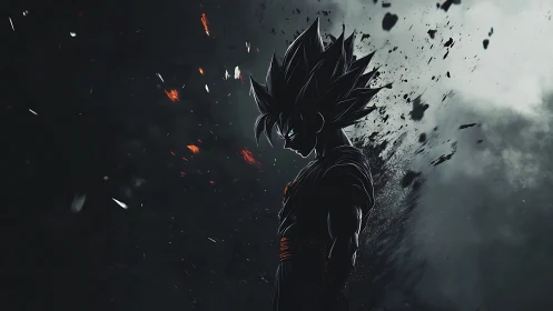 Shadow-charged warrior standing in a storm of shattered night.