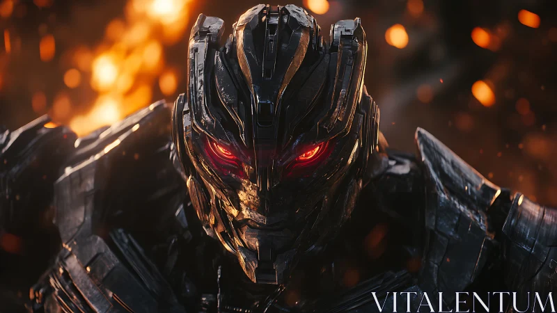 Cinematic close-up of armored combat mech with glowing optics