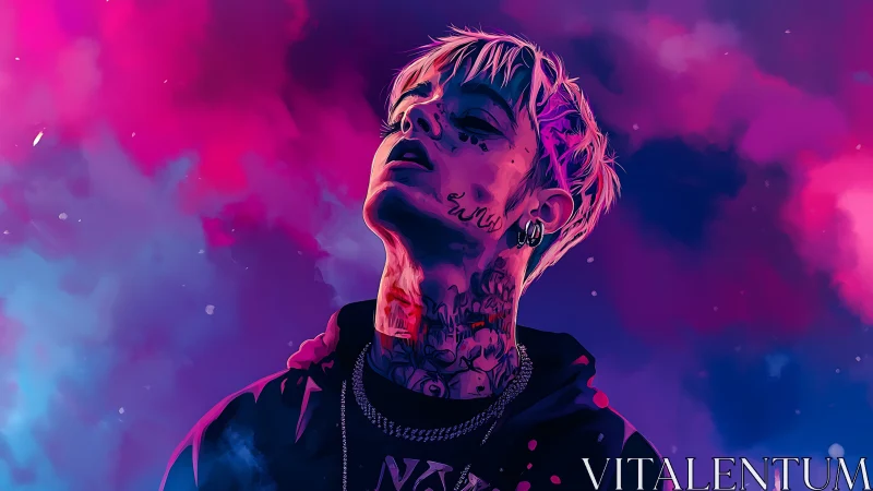 Tattooed youth in neon clouds digital portrait artwork.