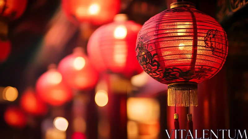 Lantern light drifts down a crimson corridor of soft bokeh