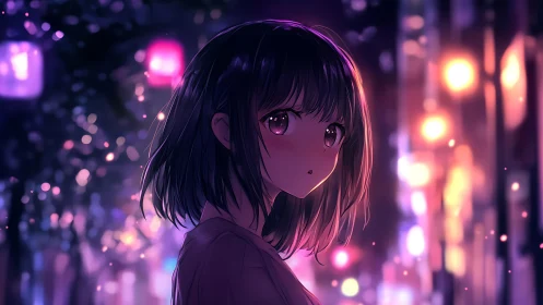 Soft-lit anime girl gazes through neon-tinted night streets.