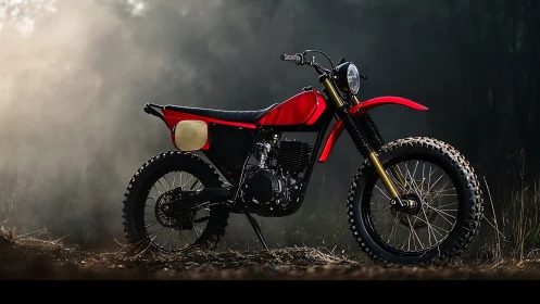 Vintage red dirt bike in moody backlit forest clearing.