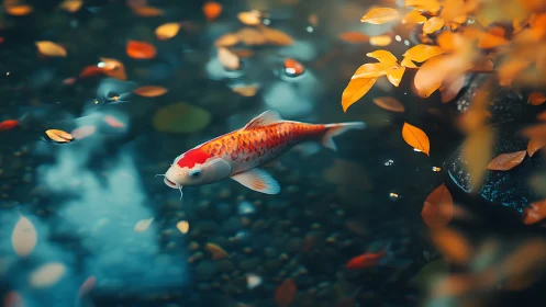 Gentle koi gliding beneath drifting autumn leaves in peace.