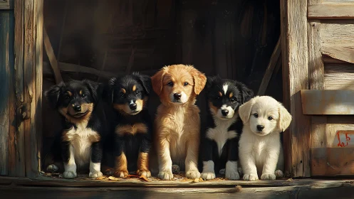 Five shepherd puppies sit in rustic wooden doorway portrait