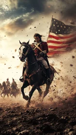 Revolutionary cavalry charge under tattered American flag.