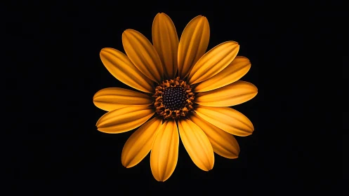Golden daisy bloom against black background. Dramatic isolation.