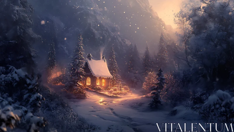 Luminous alpine cabin amid volumetric winter atmospherics.