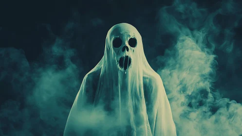 Ghostly shrouded figure emerges from swirling teal mist.