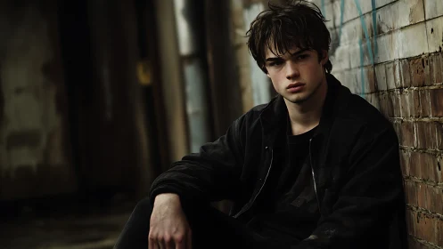 Young man sits against worn brick wall in urban alley