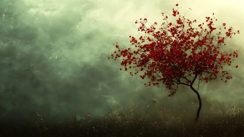 Solitary red-blossomed tree against diffuse misty backdrop.
