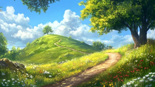 Sunlit hillside path winding through wildflower meadow.