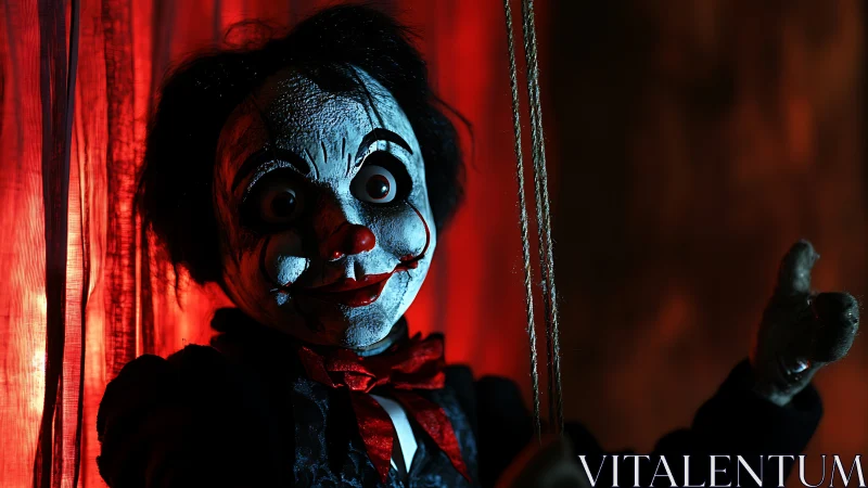 Eerie puppet on red stage curtain invites bold stares.