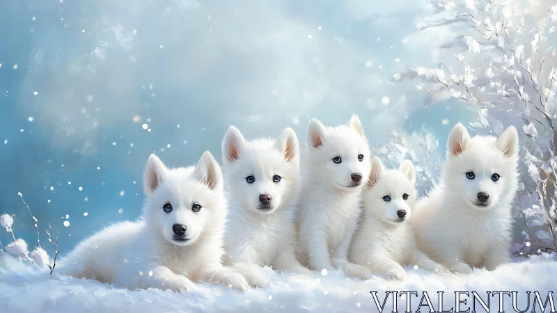 Snowy white puppies sharing cozy winter wonder together.