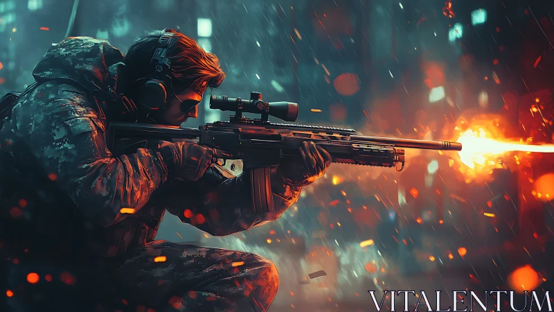 Tactical operative with rifle in combat environment.