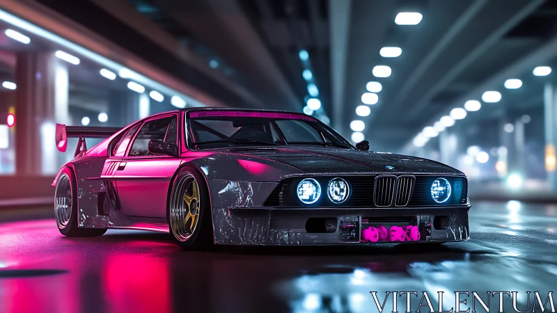 Neon-lit BMW race car glows under a futuristic city overpass.