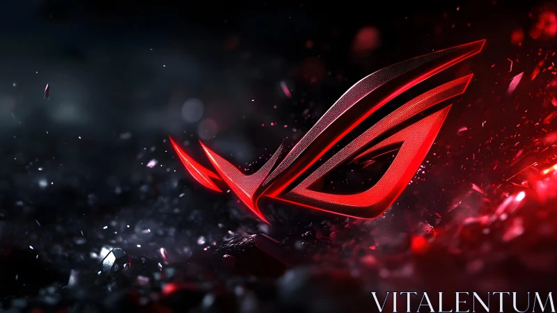 Futuristic red ROG logo with glowing effects and dynamic debris.