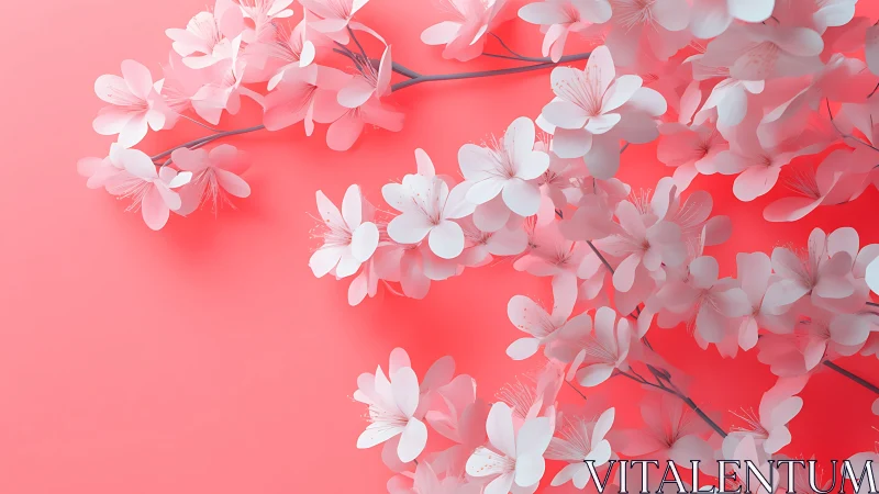Pink Blossom Branches Against Red Gradient Background.