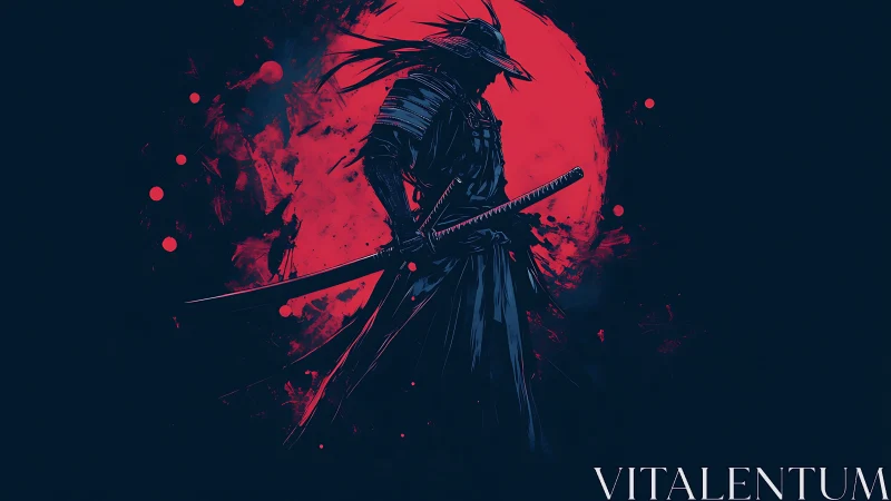 Lone shadow samurai eclipsed by a burning crimson moon.