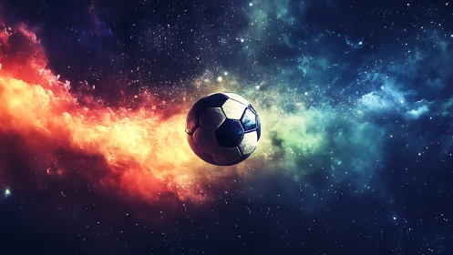 Cosmic soccer ball drifts through a glowing rainbow galaxy