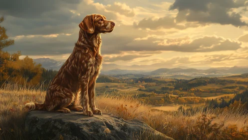 Dog sits on rock overlooking expansive rural valley at sunset