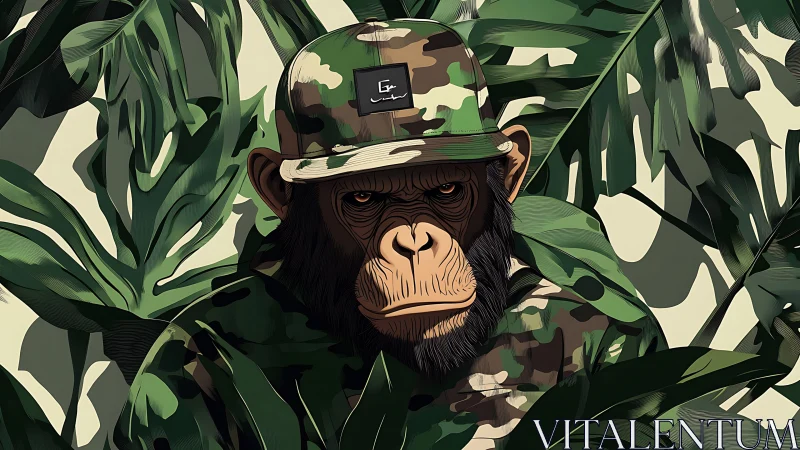 Chimpanzee subject wears camouflage clothing among foliage