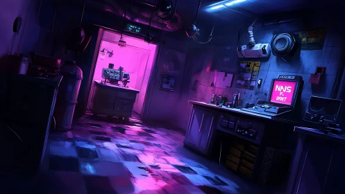 Neon lit cyberpunk lab interior with glowing control screens.