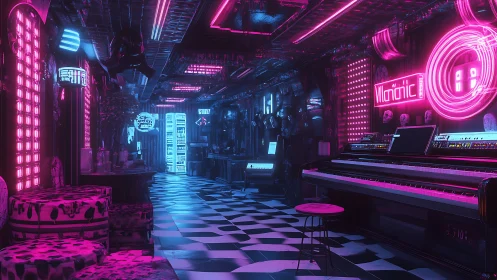 Neon-soaked cyber lounge glows around futuristic piano bar