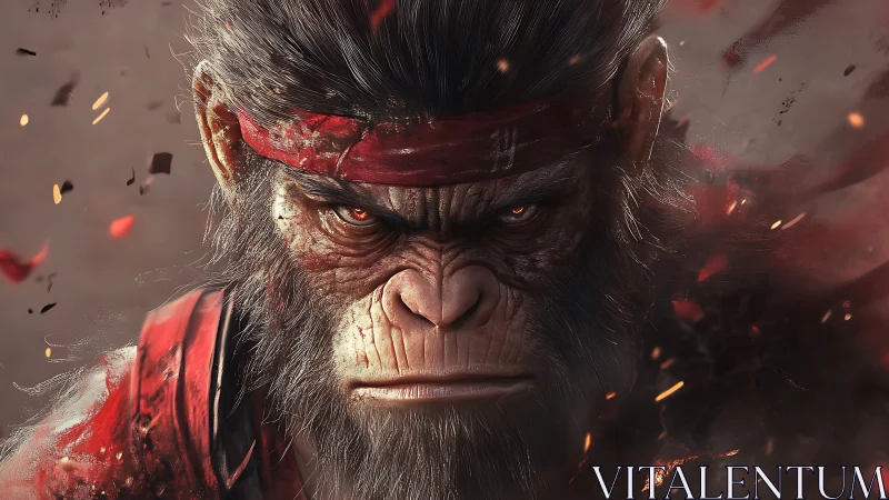 Battle-hardened warrior ape glares amid swirling embers.