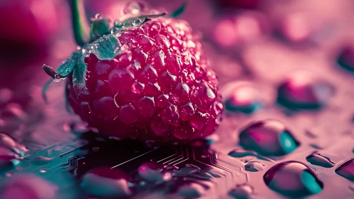 Wet raspberry on circuit board with neon reflections.