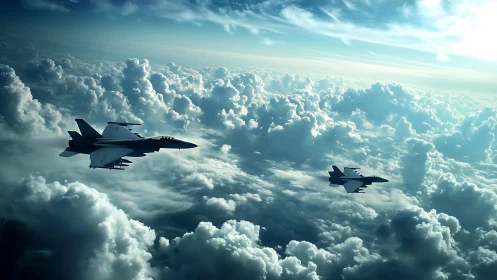 Fighter jets slicing through sunlit storm cloud ceiling.