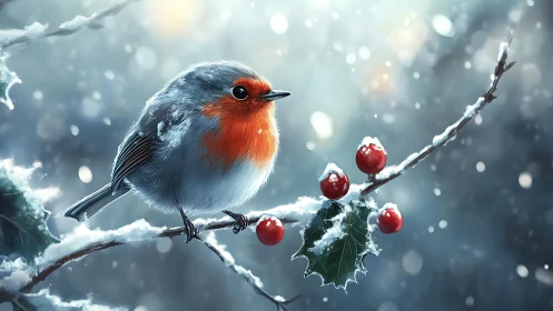 Soft winter robin rests on snowy holly branch in gentle hush