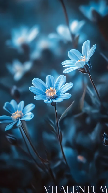 Blue daisies luminescent against moody darkness.