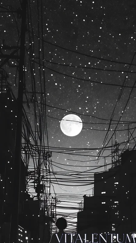 Moon snagged in city wires over a wandering midnight dreamer.