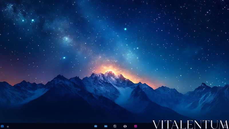 Starlit mountain ridge glows beneath a cosmic dawn sky.