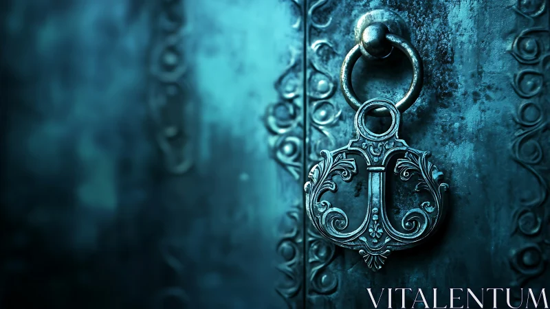 Ornate metal door pull on textured blue-toned surface.