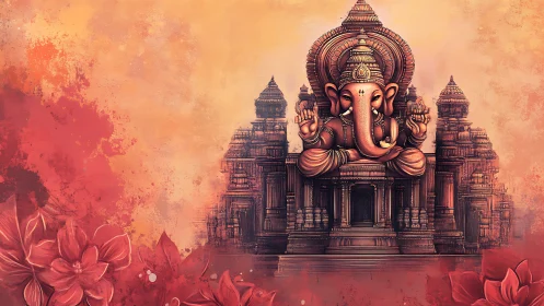 Lord Ganesha illustration with ornate temple backdrop and flowers.