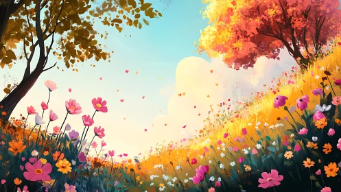 Sunlit hillside meadow where autumn and spring gently meet.