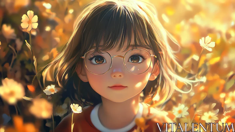 Digital portrait depicts child with glasses amid soft flora