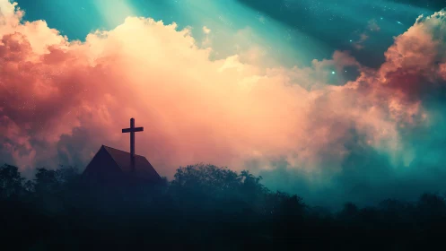 Hilltop chapel silhouette under radiant celestial clouds.
